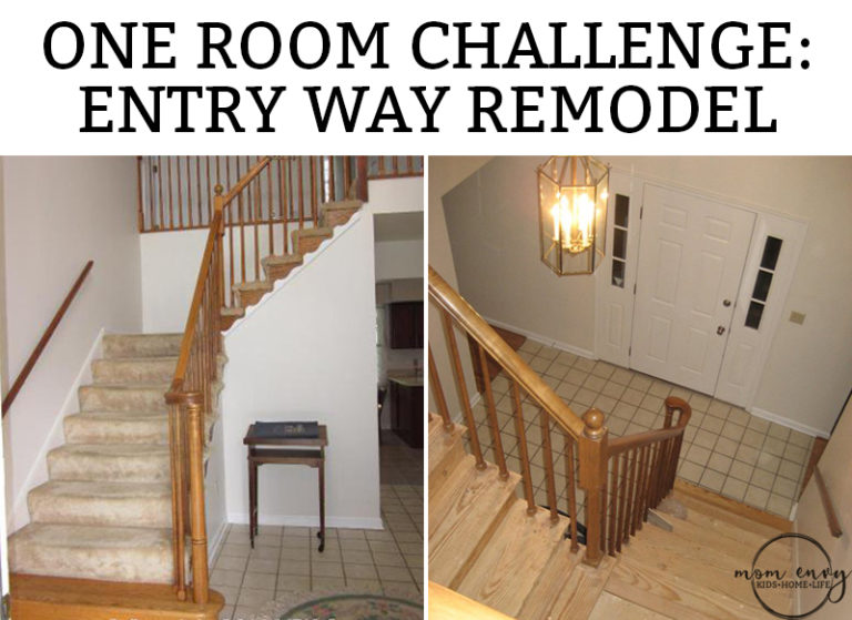Entry Way Remodel. This 1980's foyer is remodeled in a one room challenge into a traditional farmhouse style entry. Farmhouse foyer. One Room Challenge. #entry #foyer