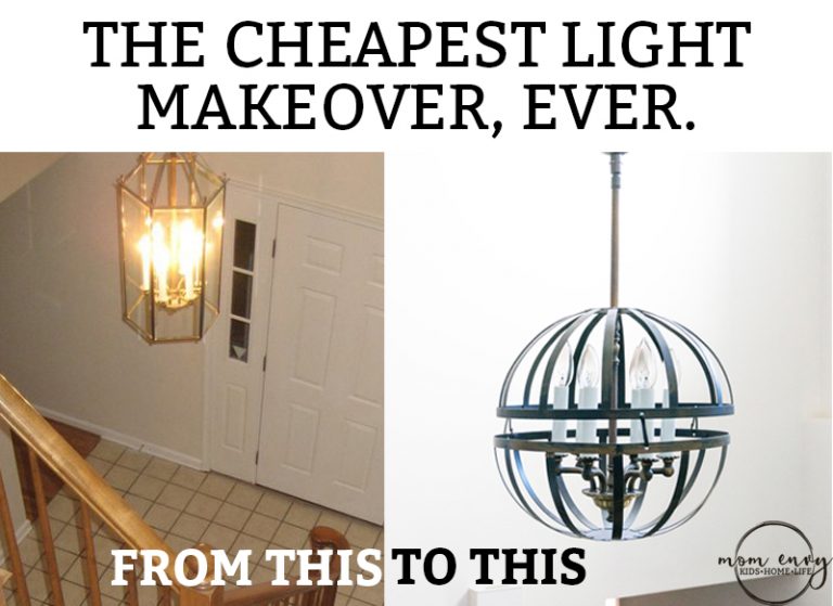 The Cheapest Light Makeover, Ever. You'll never guess what was used to create this new light.Learn how to makeover a 1980's chandelier into a farmhouse orb chandelier. Learn how to DIY a cage chandelier. Learn how to DIY your own light from an old light and save lots of money.
