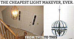 The Cheapest Light Makeover, Ever. You'll never guess what was used to create this new light.Learn how to makeover a 1980's chandelier into a farmhouse orb chandelier. Learn how to DIY a cage chandelier. Learn how to DIY your own light from an old light and save lots of money.
