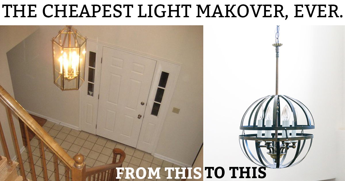 The Cheapest Light Makeover, Ever. You'll never guess what was used to create this new light.Learn how to makeover a 1980's chandelier into a farmhouse orb chandelier. Learn how to DIY a cage chandelier. Learn how to DIY your own light from an old light and save lots of money.