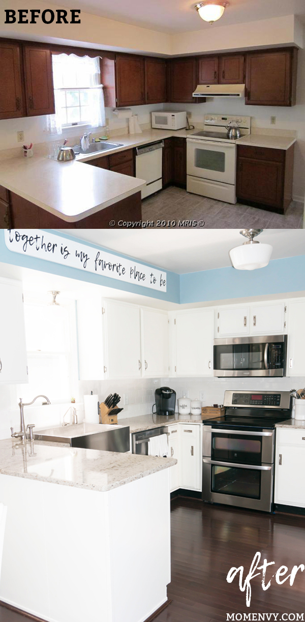 Farmhouse Kitchen. See how a 1980's kitchen was turned into a farmhouse kitchen. It was an inexpensive kitchen remodel. #farmhousekitchen #diykitchen #whitekitchen