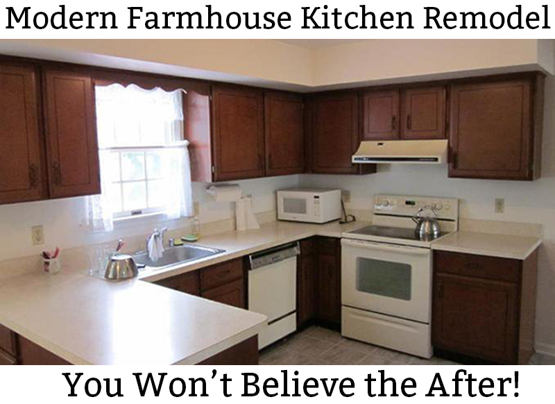 Farmhouse Kitchen. See how a 1980's kitchen was turned into a farmhouse kitchen. It was an inexpensive kitchen remodel. #farmhousekitchen #diykitchen #whitekitchen