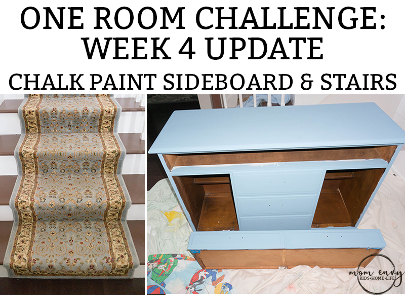 One Room Challenge Week 4 Update of the Entry. Entry remodel. How to Chalkpaint a dresser. How to refinish carpeted stairs. #DIY #oneroomchallenge #chalkpaint #remodeling