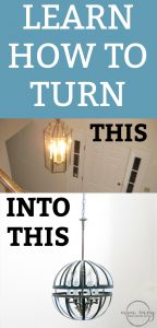 The Cheapest Light Makeover, Ever. You'll never guess what was used to create this new light.Learn how to makeover a 1980's chandelier into a farmhouse orb chandelier. Learn how to DIY a cage chandelier. Learn how to DIY your own light from an old light and save lots of money.