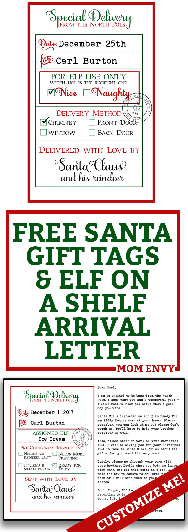 Free Custom Santa Gift Tags and Elf on a Shelf Arrival Letter. Free printable Christmas gift tags from Santa and Free Elf on a Shelf printable. #christmas #freechristmasprintables #gifttags #elfonashelf