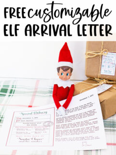 At the top it says free customizable elf arrival letter. Below that is an image of the Elf on a Shelf holding the elf return letter free printable you can get at the end of this blog post.