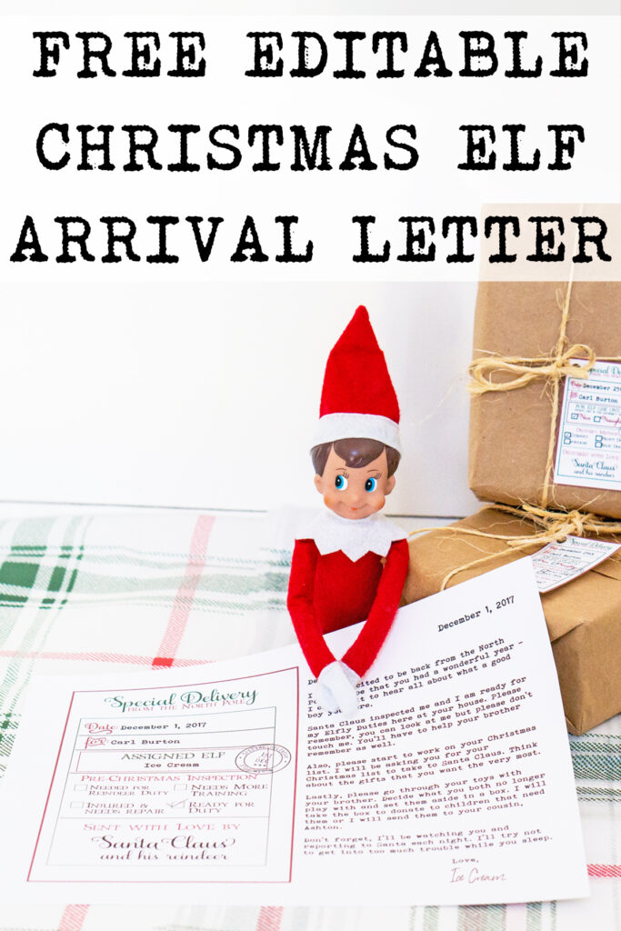 This image shows an example of the elf return letter free printable filled in and being held by an elf on the shelf. Above the image it says free editable Christmas elf arrival letter.