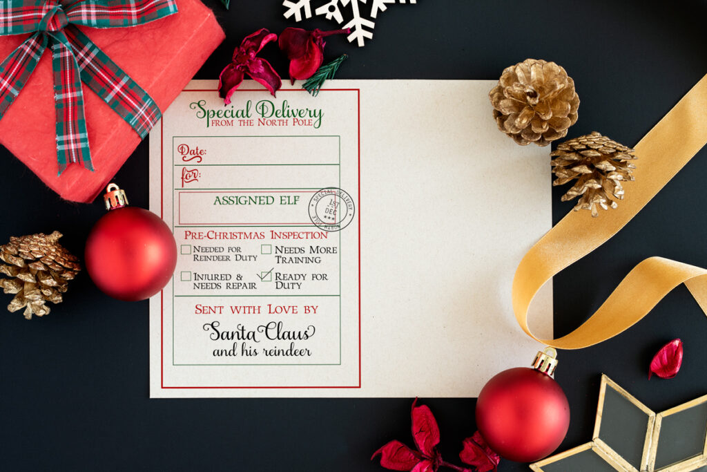 This image shows an example of the elf return letter free printable filled it. It’s an editable elf arrival letter so this example is showing it without being filled out.