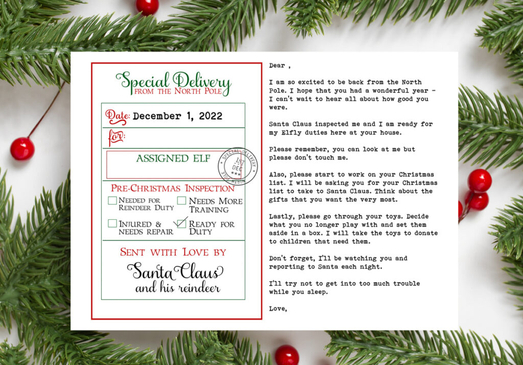 This image shows an example of the elf return letter free printable filled it. It’s an editable elf arrival letter so this example is showing one way it could be filled out.