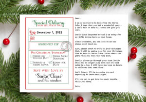 This image shows an example of the elf return letter free printable filled it. It’s an editable elf arrival letter so this example is showing one way it could be filled out.