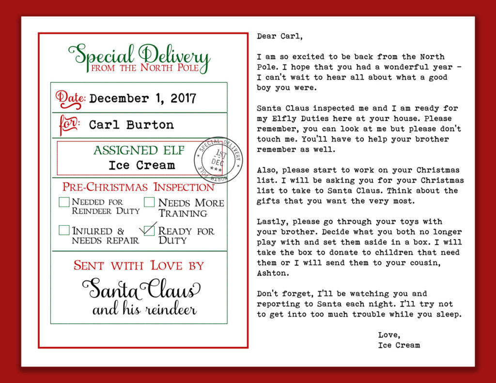 This image shows a copy of the elf return letter free printable. This is showing an example of what the elf arrival letter would look like if it was filled out.  It shows an example of it with a filled out letter because it is an editable arrival letter.