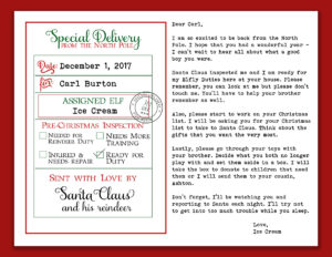 This image shows a copy of the elf return letter free printable. This is showing an example of what the elf arrival letter would look like if it was filled out.