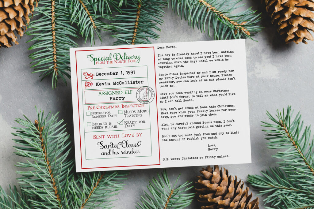 This image shows an example of the elf return letter free printable filled it. It’s an editable elf arrival letter so this example is showing one way it could be filled out. It’s making references to Kevin McCallister from Home Alone. 