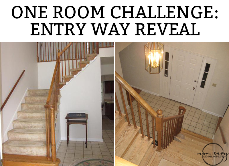 Inexpensive entry remodel reveal. Find out how our farmhouse foyer turned out. Our fixer upper foyer needed a major redo. See how we rennovated our foyer on a budget. #farmhousedecor #farmhouse #fixerupper #foyer #entryway