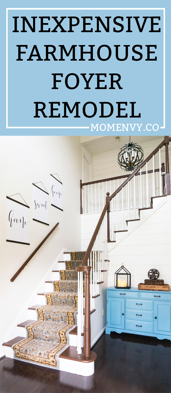 Inexpensive entry remodel reveal. Find out how our farmhouse foyer turned out. Our fixer upper foyer needed a major redo. See how we rennovated our foyer on a budget. #farmhousedecor #farmhouse #fixerupper #foyer #entryway