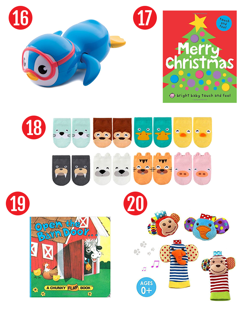 Stocking stuffers for babies. Find 75 stocking stuffer ideas for kids. Perfect stocking stuffers for babies, toddlers. and preschoolers. #christmas #stockings #stockingstuffers 