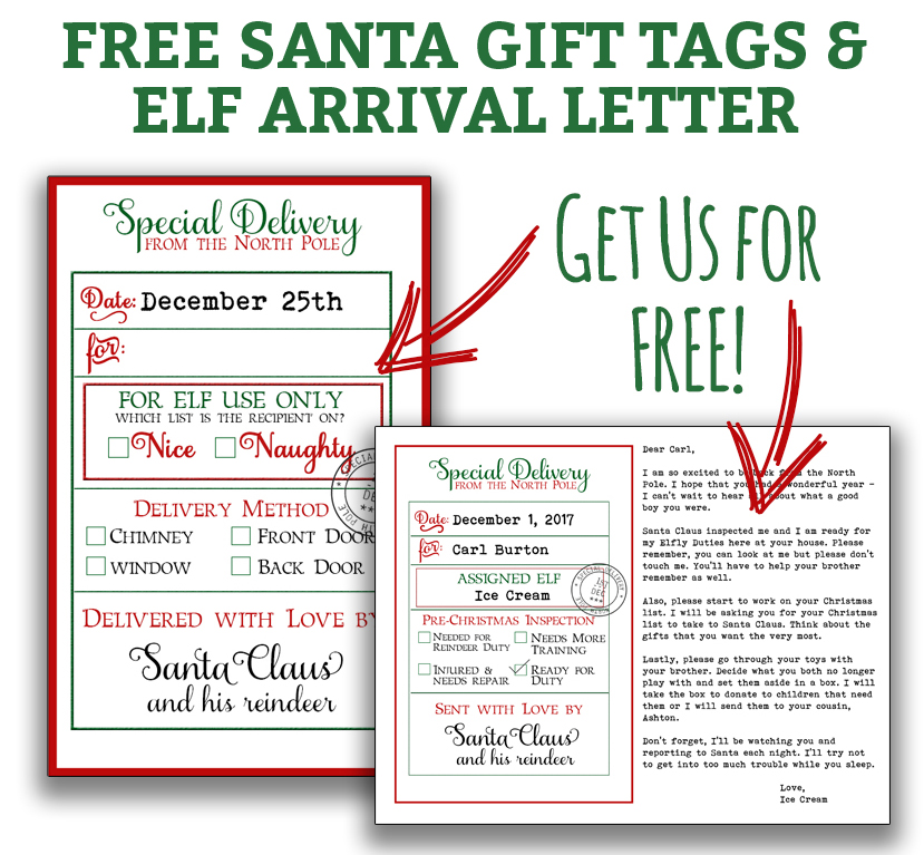 Free Custom Santa Gift Tags and Elf on a Shelf Arrival Letter. Free printable Christmas gift tags from Santa and Free Elf on a Shelf printable. #christmas #freechristmasprintables #gifttags #elfonashelf