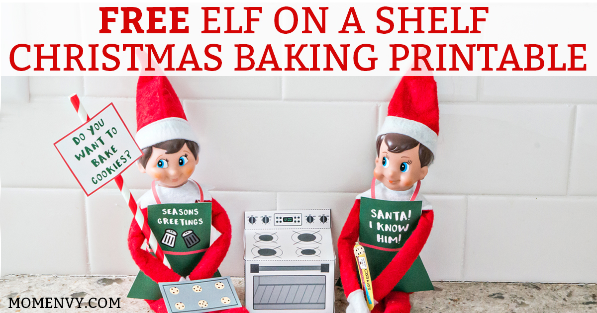Free Elf on a Shelf Christmas Baking Printable. Free Christmas Cookies printable for The Elf on a Shelf. Print a 3-D oven for your elf, cookie dough, a cookie tray, and free printable Elf-on-a-shelf aprons! #elfonashelf #freeprintables #christmas #freechristmasprintables