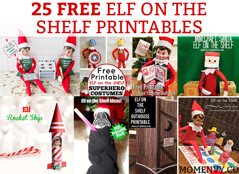 This image links to a post with 25 free elf on the shelf printables. The image says that at the top and then includes various pictures of elf on the shelf dolls with some of the free printables available from this link.