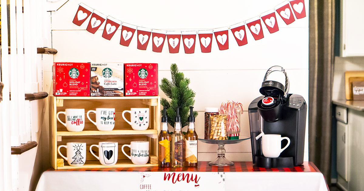 #ad How to Create a Coffee Bar with Starbucks®. Learn some tips and tricks for setting up a holiday coffee bar. Learn how to make a festive party space this Christmas. Free printables included - holiday coffee banner, free coffee gift tag, free Christmas coffee planner stickers, and more. #SavorHolidayFlavors #starbucks #freebies #christmas #coffeebar #plannerstickers