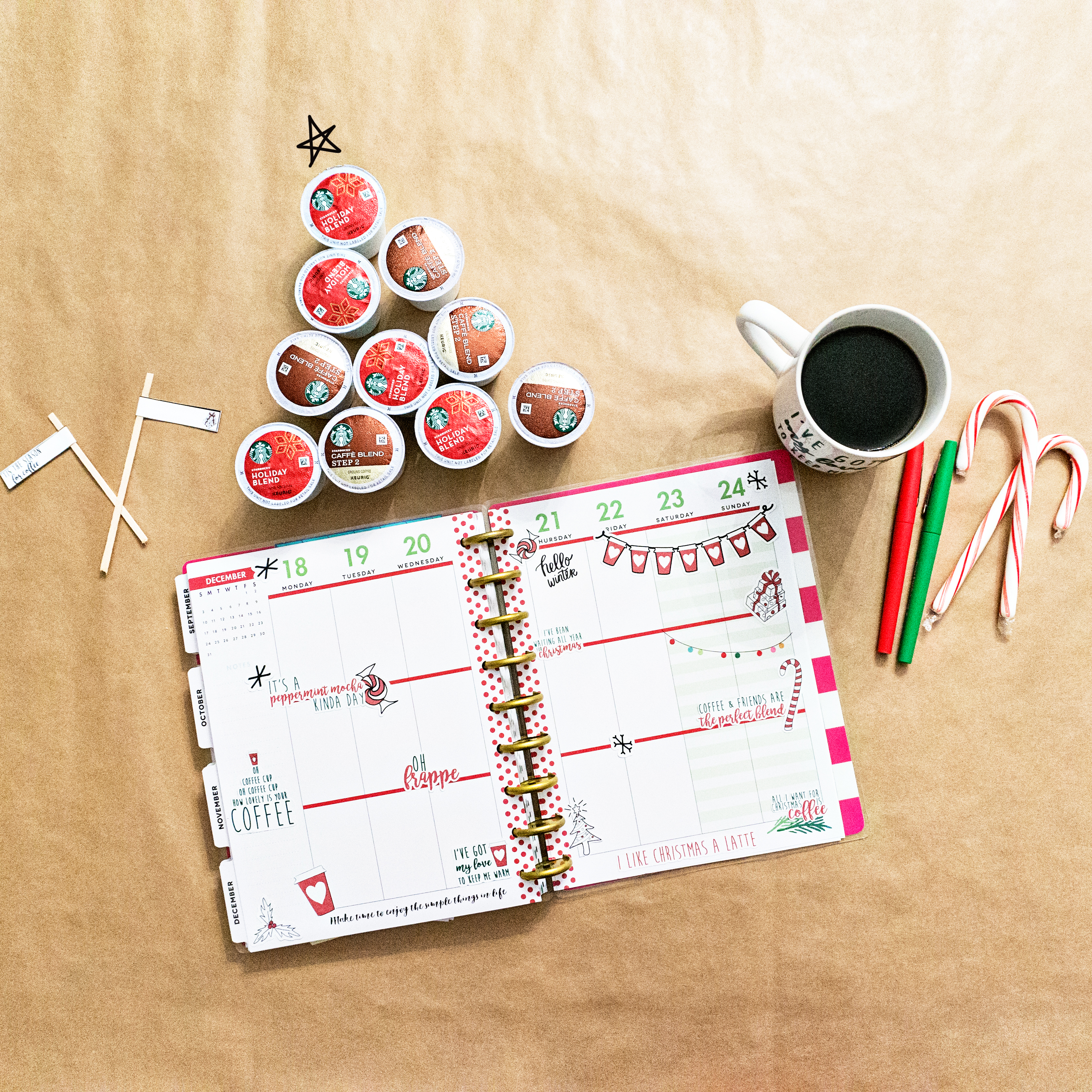 #ad FREE Christmas Coffee Planner stickers from How to Create a Coffee Bar with Starbucks®. Learn some tips and tricks for setting up a holiday coffee bar. Learn how to make a festive party space this Christmas. Free printables included - holiday coffee banner, free coffee gift tag, free Christmas coffee planner stickers, and more. #SavorHolidayFlavors #starbucks #freebies #christmas #coffeebar #plannerstickers