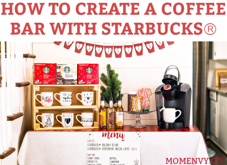 #ad How to Create a Coffee Bar with Starbucks®. Learn some tips and tricks for setting up a holiday coffee bar. Learn how to make a festive party space this Christmas. Free printables included - holiday coffee banner, free coffee gift tag, free Christmas coffee planner stickers, and more. #SavorHolidayFlavors #starbucks #freebies #christmas #coffeebar #plannerstickers