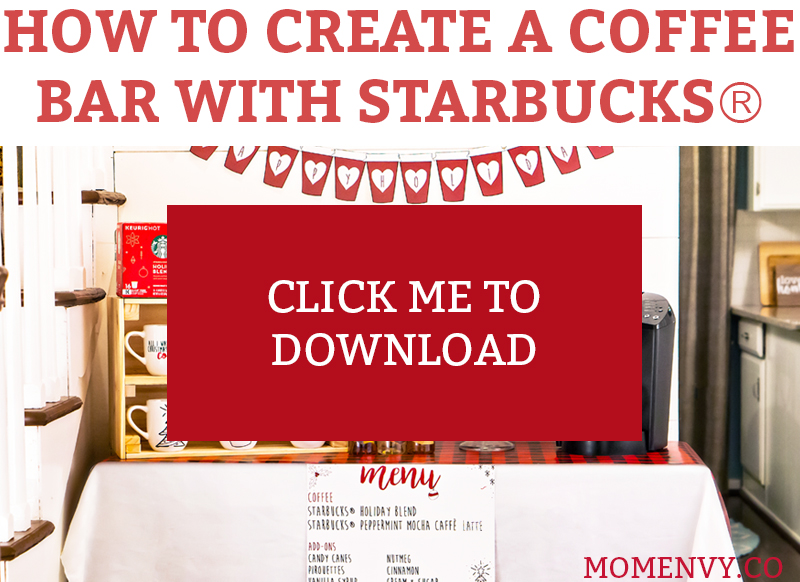 #ad How to Create a Coffee Bar with Starbucks®. Learn some tips and tricks for setting up a holiday coffee bar. Learn how to make a festive party space this Christmas. Free printables included - holiday coffee banner, free coffee gift tag, free Christmas coffee planner stickers, and more. #starbucks #freebies #christmas #coffeebar #plannerstickers