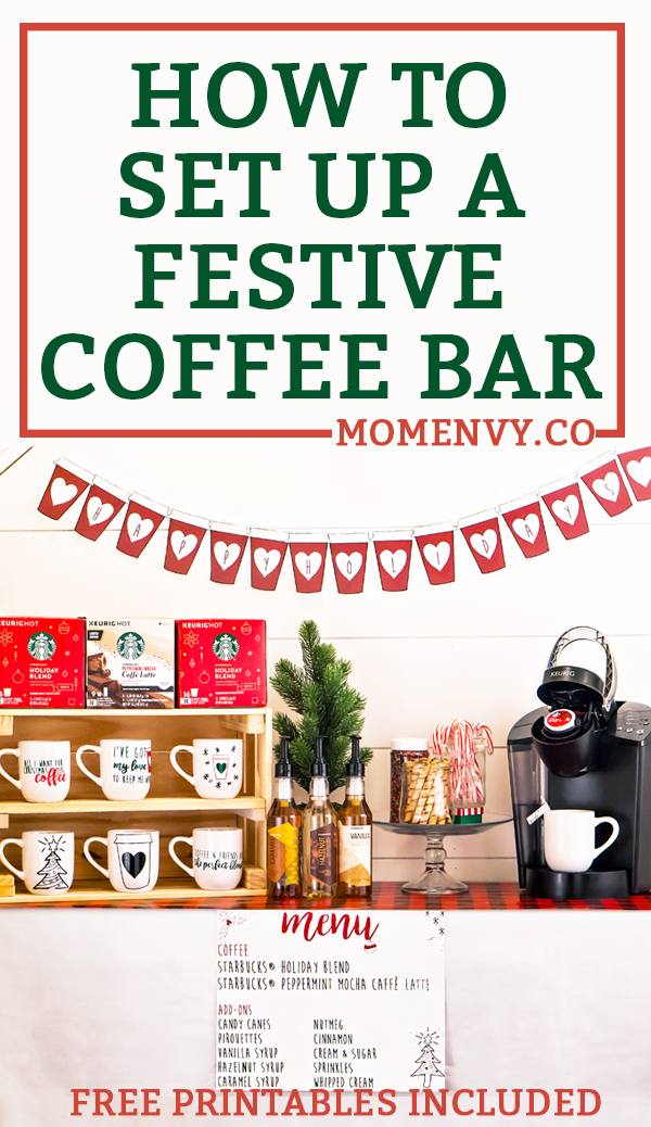 #ad How to Create a Coffee Bar with Starbucks®. Learn some tips and tricks for setting up a holiday coffee bar. Learn how to make a festive party space this Christmas. Free printables included - holiday coffee banner, free coffee gift tag, free Christmas coffee planner stickers, and more. #SavorHolidayFlavors #starbucks #freebies #christmas #coffeebar #plannerstickers