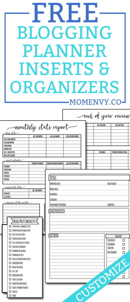 FREE Blogging Planner Inserts and Organizers. Download these free and completely customizable planner inserts. Get everything you need to draft a successful blog post. Four different blogging worksheets are available. They can be printed to fit ANY size planner or printed in letter size. #blogging #freeplannerinserts #happyplanner #bloggingtips