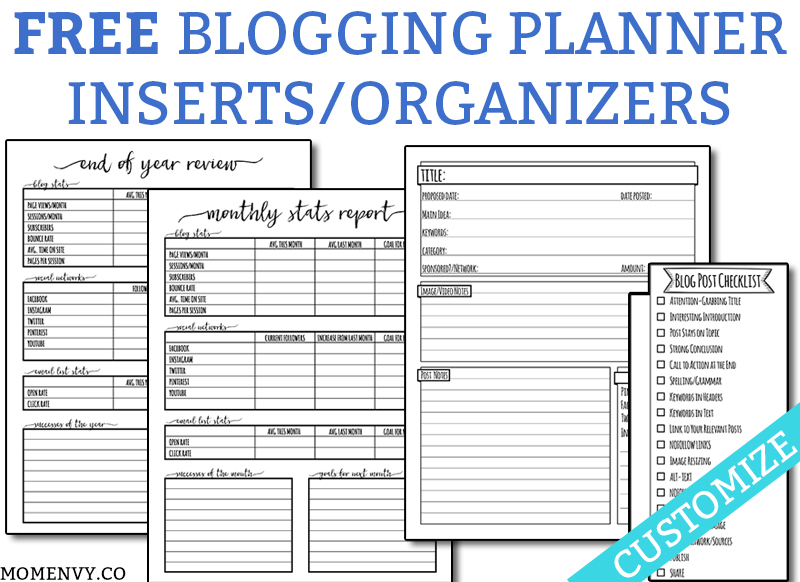 FREE Blogging Planner Inserts and Organizers. Download these free and completely customizable planner inserts. Get everything you need to draft a successful blog post. Four different blogging worksheets are available. They can be printed to fit ANY size planner or printed in letter size. #blogging #freeplannerinserts #happyplanner #bloggingtips