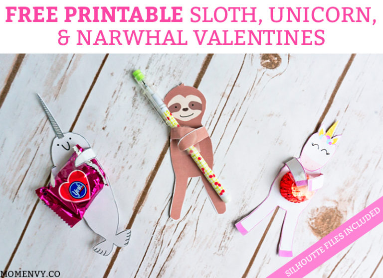 FREE Animal Valentines - Sloth Valentine, Unicorn Valentine, and Narwhal Valentine. Print 3 free valentine candy holders or valentine pencil holders. They can hold any small trinket. #freevalentines #freeprintablevalentines #valentinesday #freeprintables #kidprintables
