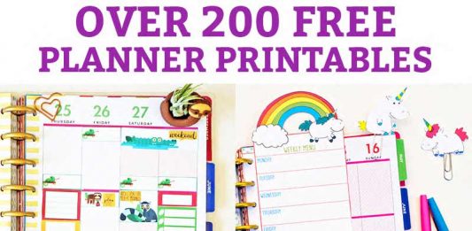 Free Planner Printables is at the top of the image in purple on a white background. Below that, is a picture of 2 different opened planners. One has sloth stickers and the other has a rainbow unicorn insert overtop of a pink weekly planner layout.