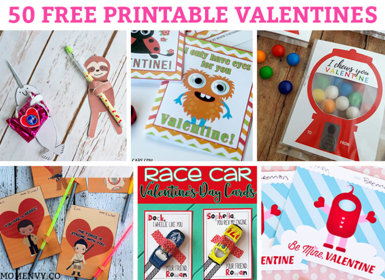 Free Printable Valentines. 50 Free Valentine printables for kids. Let your kids give our a unique Valentine this year. #Valentinesday #freeprintablevalentines #valentines #freeprintablesforkids