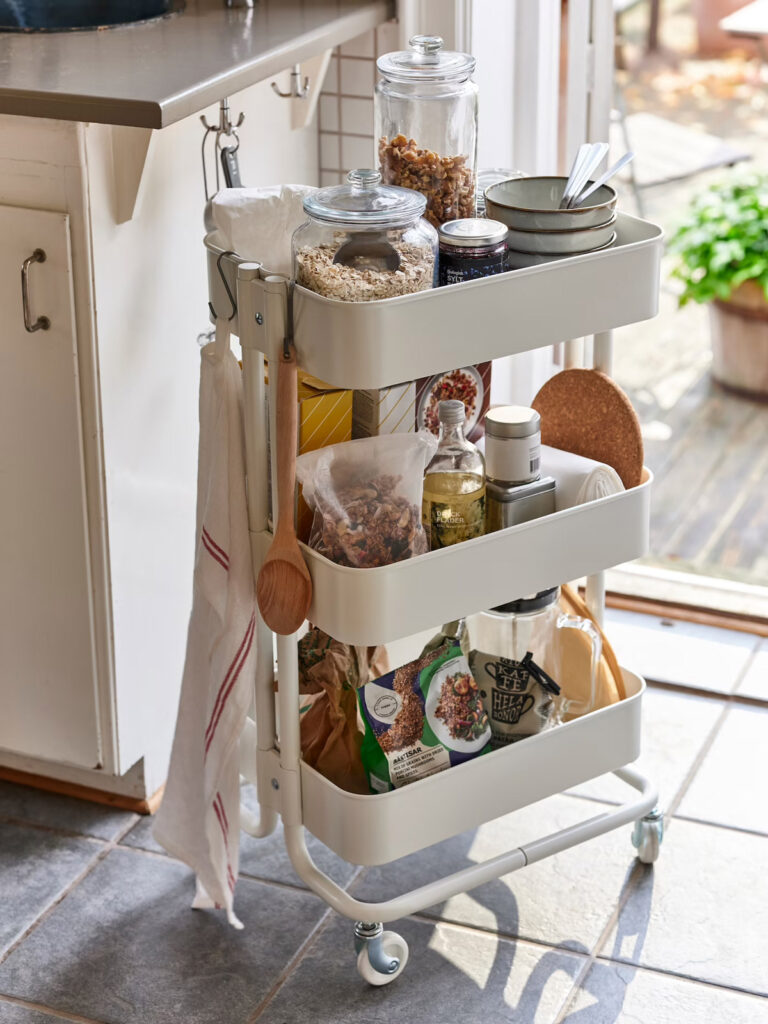 This image shows a raskog Ikea cart being used as a pantry cart.