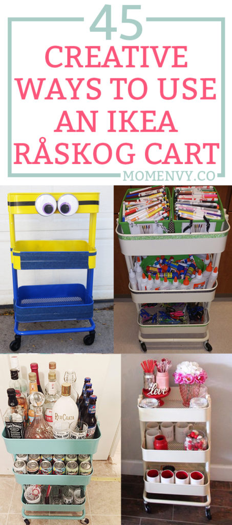 This image says 45 creative ways to use an ikea raskog cart at the top. below that are 4 examples of the 3-tier carts in use.