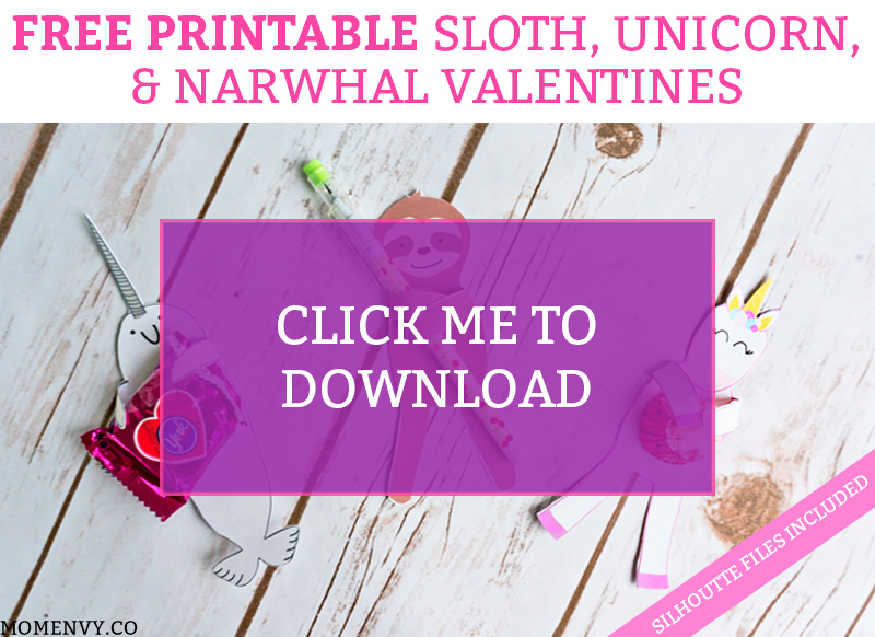 FREE Animal Valentines - Sloth Valentine, Unicorn Valentine, and Narwhal Valentine. Print 3 free valentine candy holders or valentine pencil holders. They can hold any small trinket. #freevalentines #freeprintablevalentines #valentinesday #freeprintables #kidprintables