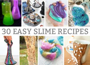 30 Easy Slime Recipes that your kids will LOVE. These recipes can quickly be created to help beat summer boredom, or for a rainy day activity. They're also great for a party activity. #slime #slimerecipe #slimerecipes #easyslime #kids