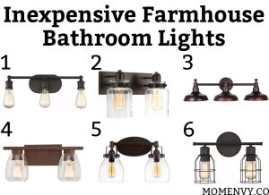 Inexpensive farmhouse bathroom lights. Which inexpensive bathroom light would you choose? All lights are under $85! #bathroom #lighting #farmhousestyle
