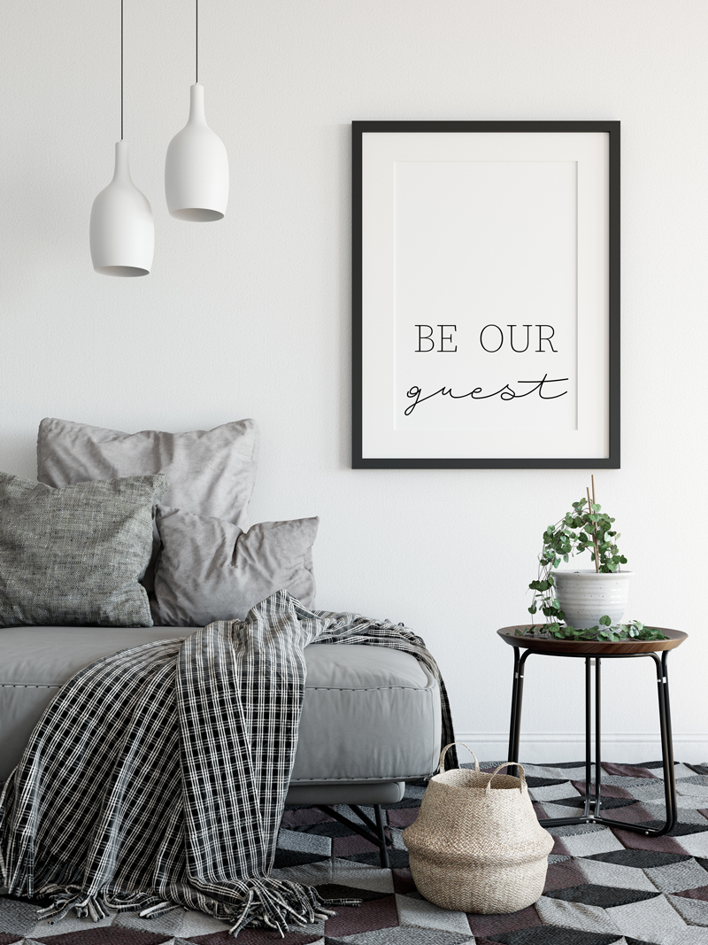 Farmhouse Printables Be Our Guest - Free farmhouse print that's perfect for family rooms, living rooms, and guest rooms. Two different styles available. Customizable to include your own Wifi password. JPEG, SVG, and Silhouette files included. #farmhousestyle #fixerupper #freeprints