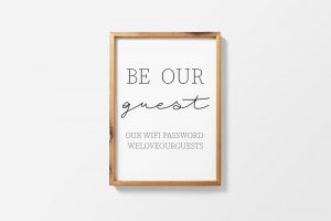 Farmhouse Printables Be Our Guest - Free farmhouse print that's perfect for family rooms, living rooms, and guest rooms. Two different styles available. Customizable to include your own Wifi password. JPEG, SVG, and Silhouette files included. #farmhousestyle #fixerupper #freeprints
