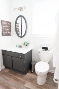 DIY Bathroom Remodel - Check out our DIY bathroom remodel reveal to see how we turned our pink 80's bathroom to a modern farmhouse bathroom for the One Room Challenge. See how we were able to DIY everything ourselves to give our bathroom a completely fresh and clean, farmhouse look. #oneroomchallenge #diy #diyprojects #bathroom #bathroomremodel #farmhousestyle
