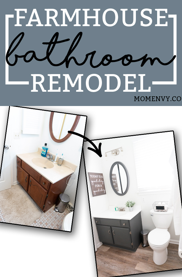 DIY Bathroom Remodel - Check out our DIY bathroom remodel reveal to see how we turned our pink 80's bathroom to a modern farmhouse bathroom for the One Room Challenge. See how we were able to DIY everything ourselves to give our bathroom a completely fresh and clean, farmhouse look. #oneroomchallenge #diy #diyprojects #bathroom #bathroomremodel #farmhousestyle via @momenvy