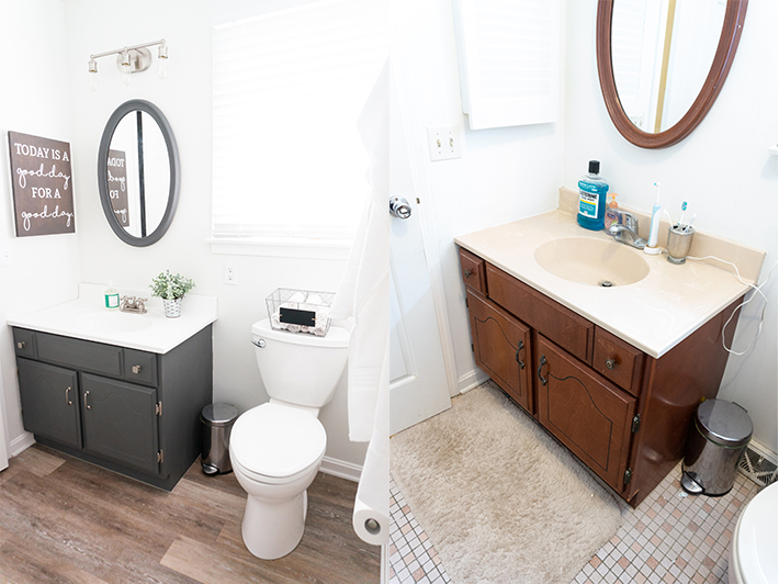 DIY Bathroom Remodel - Check out our DIY bathroom remodel reveal to see how we turned our pink 80's bathroom to a modern farmhouse bathroom for the One Room Challenge. See how we were able to DIY everything ourselves to give our bathroom a completely fresh and clean, farmhouse look. #oneroomchallenge #diy #diyprojects #bathroom #bathroomremodel #farmhousestyle