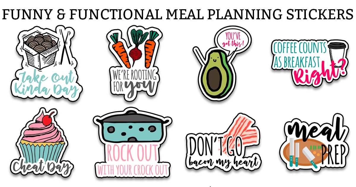 FREE Funny Meal Planning Stickers. 24 different designs are available to download. These meal planner stickers include free Silhouette files as well. Make meal planning more fun with these adorable adulting planner stickers. They're perfect to use with the Happy Planner, Erin Condren, Recollections, and more. #adulting #plannerlover