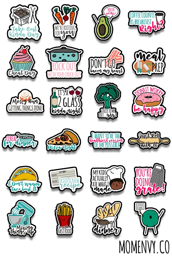 FREE Funny Meal Planning Stickers. 24 different designs are available to download. These meal planner stickers include free Silhouette files as well. Make meal planning more fun with these adorable adulting planner stickers. They're perfect to use with the Happy Planner, Erin Condren, Recollections, and more. #adulting #plannerlover