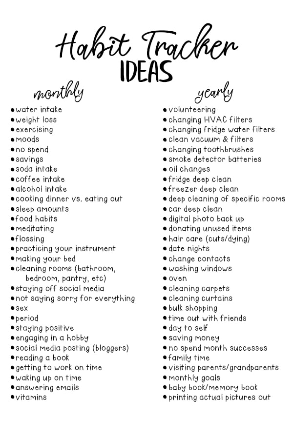 This image is showing some ideas you can use with the habit tracker printable set you can download for free at the end of the blog post. It shows both ideas you can use the monthly tracker for and the yearly tracker for. 