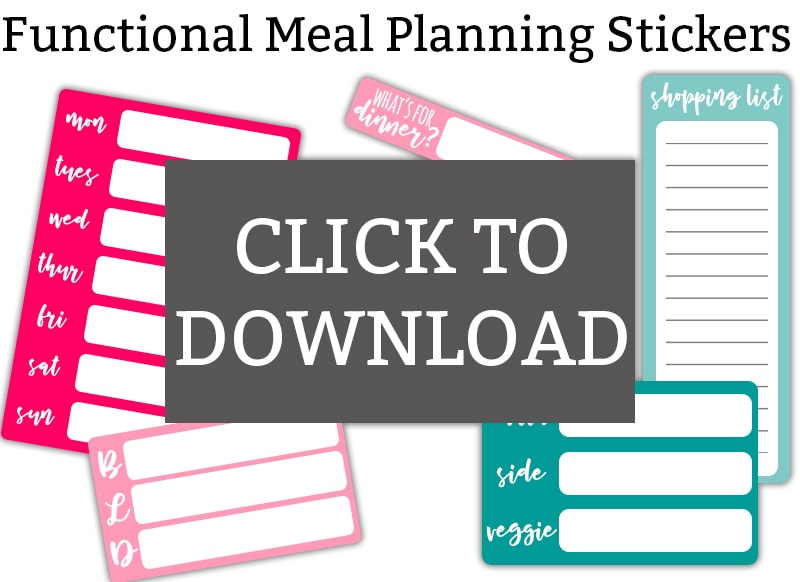 Meal Planning Stickers - download 6 free meal planning stickers. Make your meal planning easier. Perfect planner stickers or calendar stickers. Weekly meal sticker, daily dinner sticker, detailed daily dinner sticker, shopping list planner sticker, and more. #happyplanner #planneraddict #plannerlove