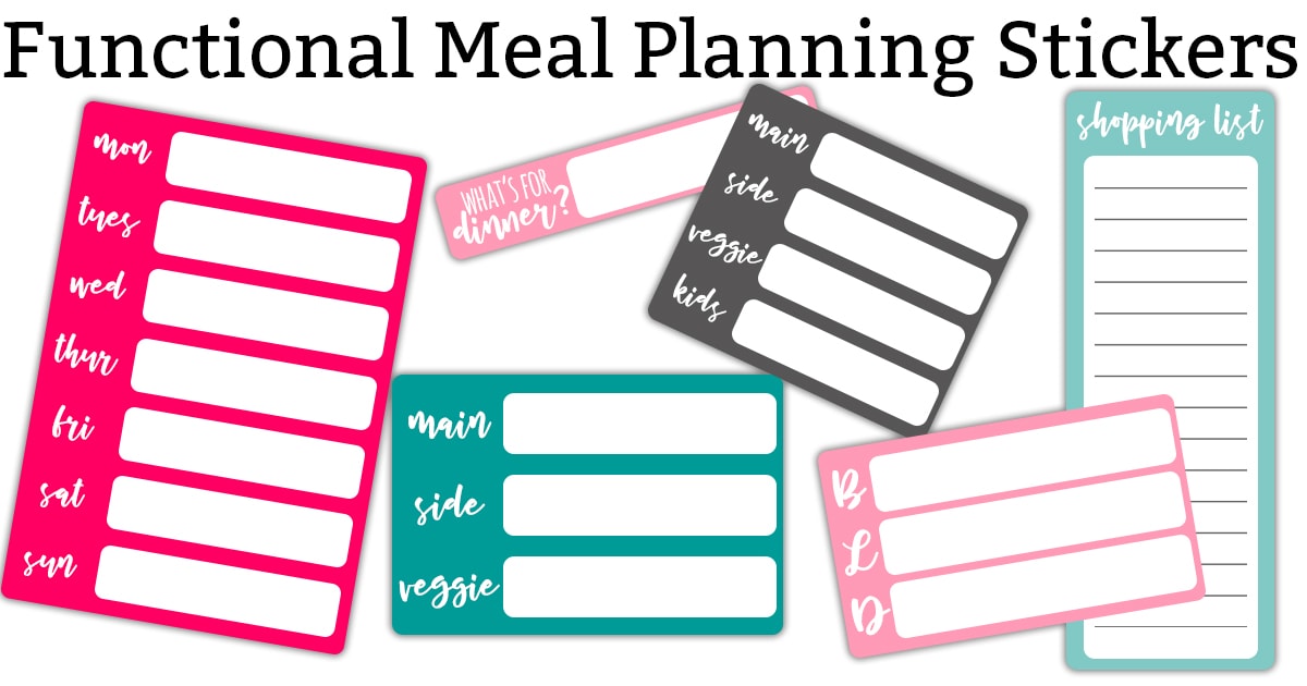 Meal Planning Stickers - download 6 free meal planning stickers. Make your meal planning easier. Perfect planner stickers or calendar stickers. Weekly meal sticker, daily dinner sticker, detailed daily dinner sticker, shopping list planner sticker, and more. #happyplanner #planneraddict #plannerlove