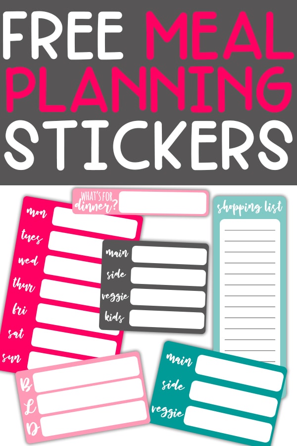 Meal Planning Stickers - download 6 free meal planning stickers. Make your meal planning easier. Perfect planner stickers or calendar stickers. Weekly meal sticker, daily dinner sticker, detailed daily dinner sticker, shopping list planner sticker, and more. #happyplanner #planneraddict #plannerlove