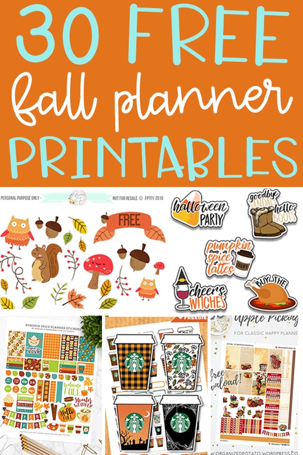 orange background with blue and white text that says 30 free fall planner printables. Below that, the background changes to white with various fall-themed planner stickers.